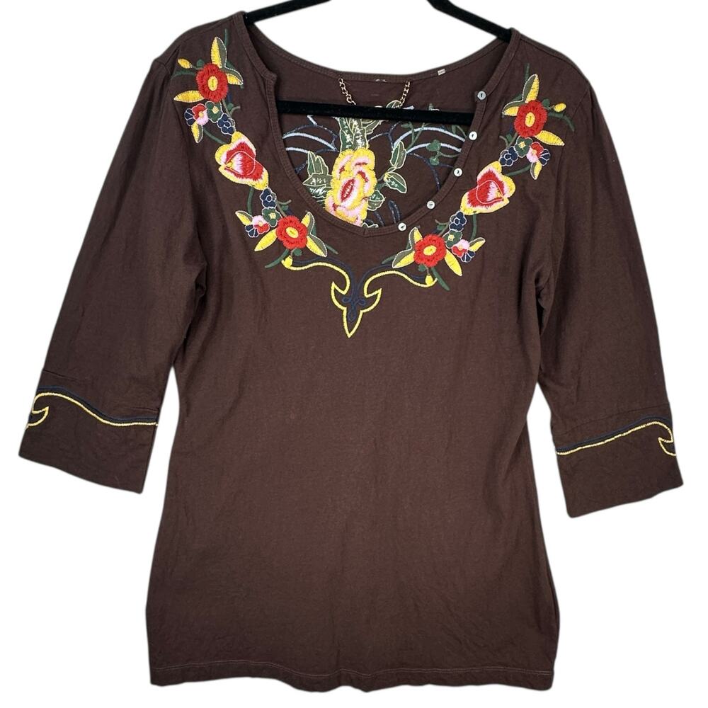 Bella Carra Tunic Top Womens Medium Floral Embroidered 3/4 Sleeve Boho Western